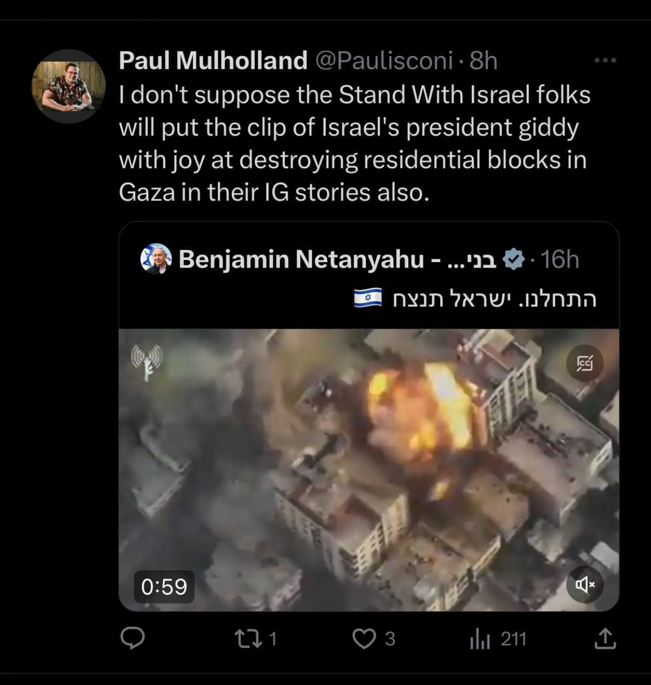 Screenshot of Paul Mulholland public post made in the immediate aftermath of Hamas attacks